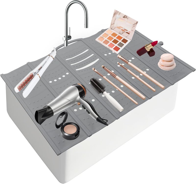 Mofason Large Bathroom Sink Makeup Mat Space Saver,Silicone Makeup Organizer Cover for Over Countertop,Small Bathroom Must Haves Accessories Rv Camper Travel Foldable Gadgets-Grey - Image 1